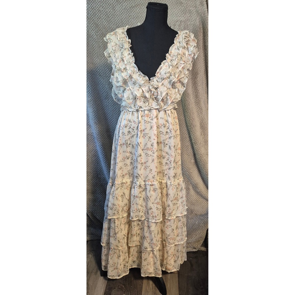 Storia Womens Floral Ruffle Tiered Maxi Dress Cream Pink Small NWT Open Back